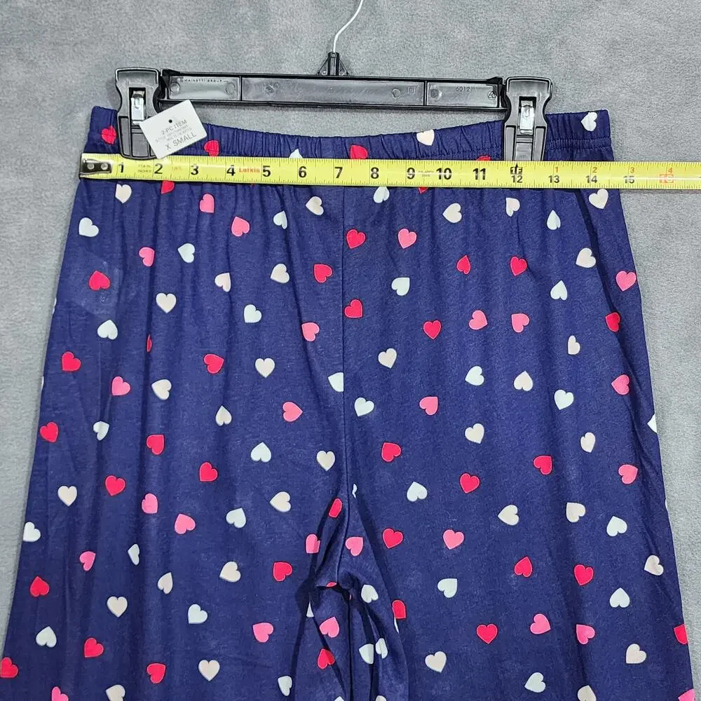 Charter‎ Club Cotton Pajamas Set XS Long Sleeve Lace Trim Navy Blue Multi Hearts - Picture 6 of 8